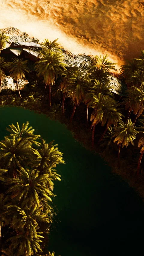 Green oasis surrounded by palm trees in a desert area 스톡 동영상 345009662