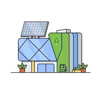Green office building icon with rooftop solar and ev charger Stock Illustration