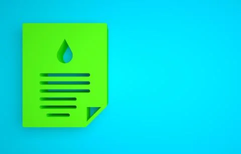 Green Oil drop document icon isolated on blue background. Minimalism concept. 3D Stock Illustration
