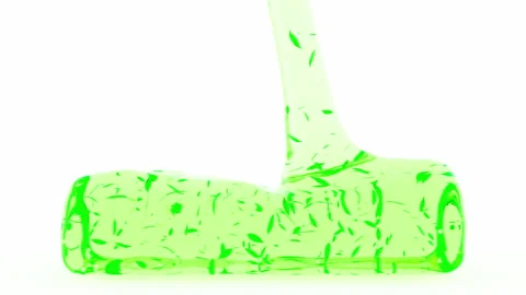 Green oily liquid with bubbles and leaves flowing down into bottle Stock Footage 267668493