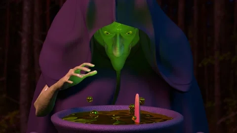Green old witch in the dark cloak makes a potion 3D 4K loop-able animation Stock Footage 204803604