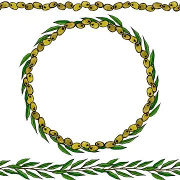 Green Olive Endless Brush. Olive Leaves Round Wreath. Realistic Hand Drawn Il Stock Illustration