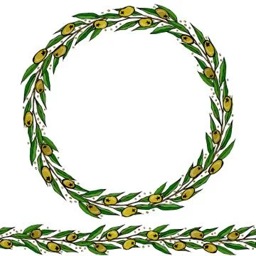 Green Olive Endless Brush. Olive Leaves Round Wreath. Realistic Hand Drawn Il Stock Illustration