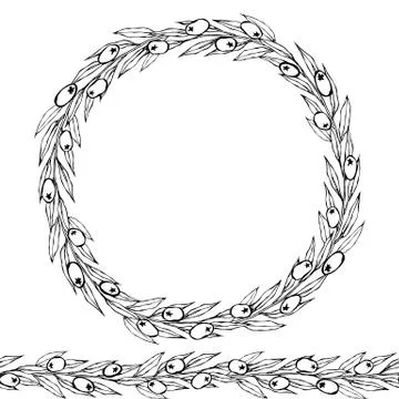 Green Olive Endless Brush. Olive Leaves Round Wreath. Realistic Hand Drawn Il Stock Illustration