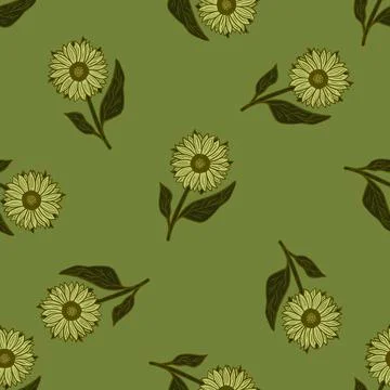 Green olive seamless pattern with contoured outline sunflowers silhouettes. P Illustrazione stock