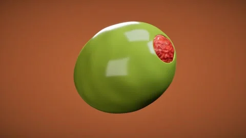 Green olive stuffed with red pimento on brown background. 3d rendering Stock Footage 340566947