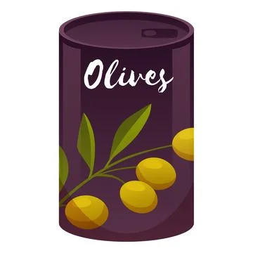 Green olives fruit in dark tin can, olive crop farm product, vector organic Illustrazione stock