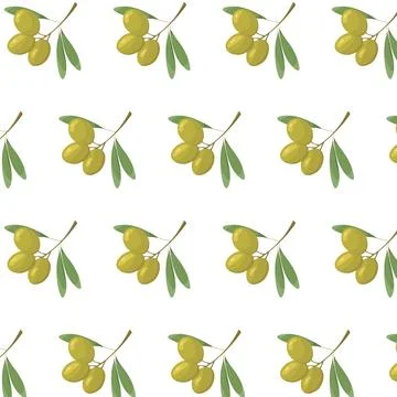 Green olives seamless pattern on white background. Olive branch illustratio.. Stock Illustration