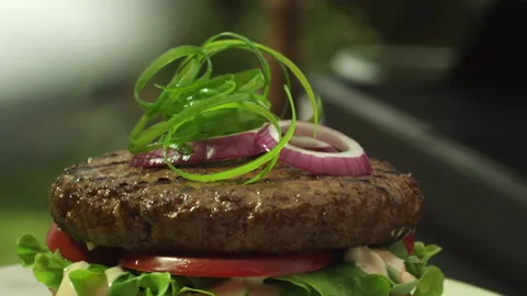 Green onion falling on burger Stock Footage 219466372