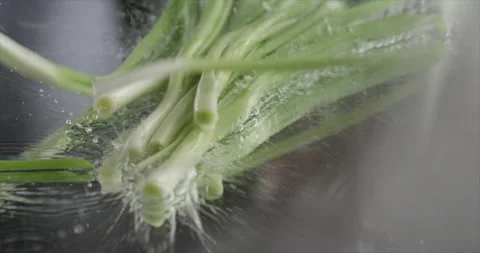 Green onion falls on a mirror surface Stock Footage 200254738