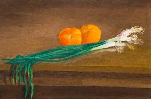 Green onions and orange tomatoes on the table Stock Illustration