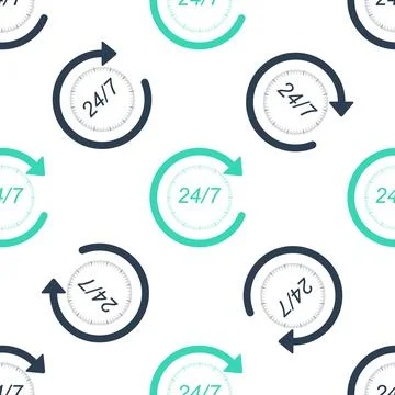 Green Open 24 hours a day and 7 days a week icon isolated seamless pattern on Stock Illustration