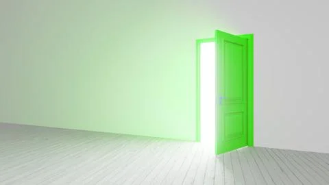 Green open door letting light into empty room with wooden floor Ilustración de archivo