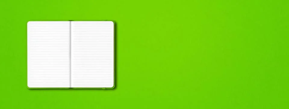 Green open lined notebook isolated on colorful background. Horizontal banner Stock Photos