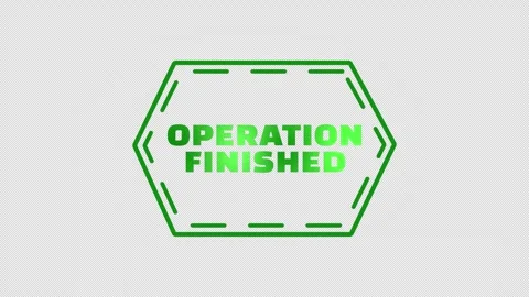 Green operation finished message appears inside a technical hexagonal badge Stock Footage 339255451