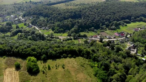 Green, orange and light brown field, forest and blue sky. Summer. Village. Stock Footage 139619463