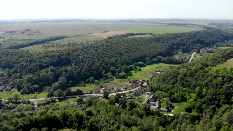Green, orange and light brown field, forest and blue sky. Summer. Village. Stock Footage 140358229