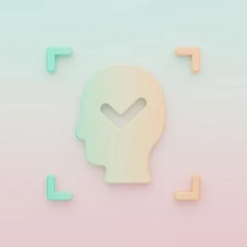 Green-orange Face recognition with check mark icon isolated on color backgr.. Stock Illustration