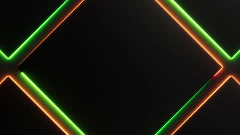 Green orange neon light is moving around black rhombus frames on dark background Stock Footage 327793543
