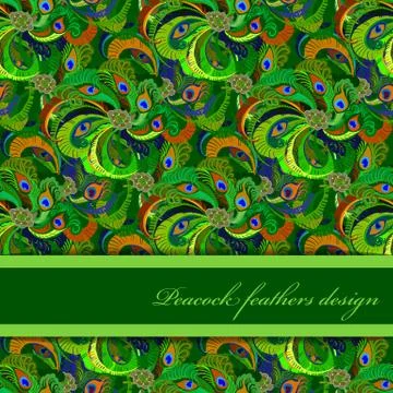 Green orange peacock feathers pattern background. Text place. Stock Illustration