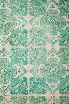 Green Ornate Ceramic Tile Pattern in Lisbon Stock Photos