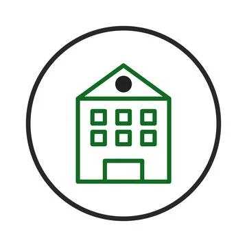 Green outlined building icon with simple details inside a dark circle for a.. Ilustración de archivo