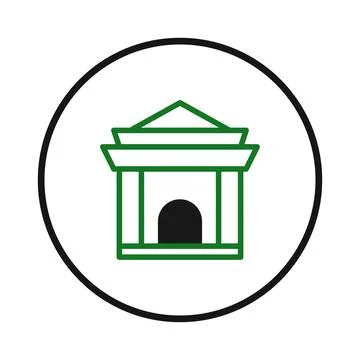 Green outlined classical building icon encircled for architectural services.. Ilustración de archivo