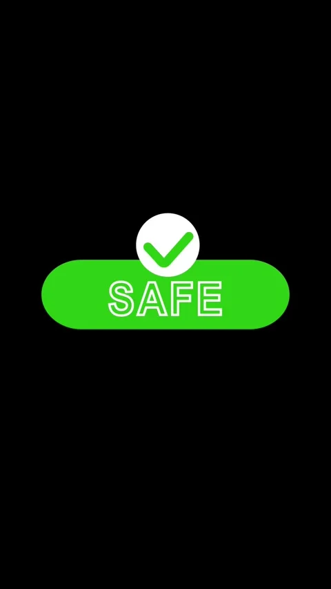 Green oval button with white text SAFE and checkmark symbol on black backgr.. Video stock 344732803