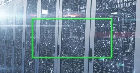 Green overlay activating, scanning three server panels, sending cyan streaks for Stock Footage 326974900