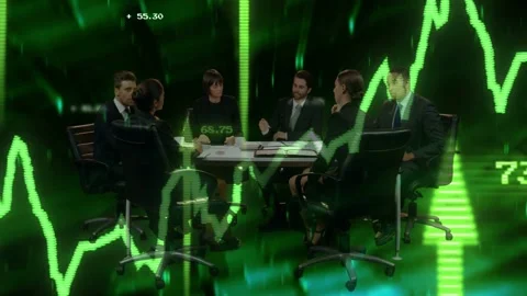Green overlay appearing, 6 team sitting desk noting, charts moving, arrow Stock Footage 333552409