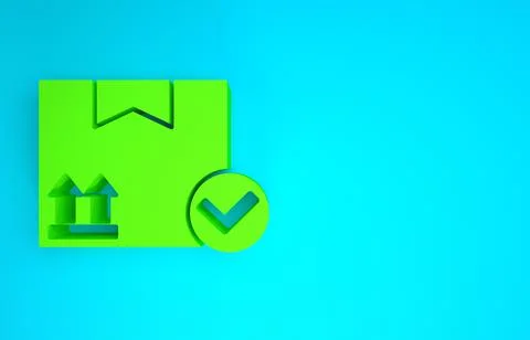 Green Package box with check mark icon isolated on blue background. Parcel bo Stock Illustration