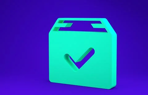 Green Package box with check mark icon isolated on blue background. Parcel bo Stock Illustration