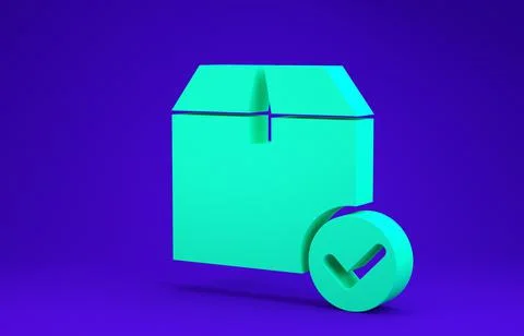 Green Package box with check mark icon isolated on blue background. Parcel bo Illustrazione stock