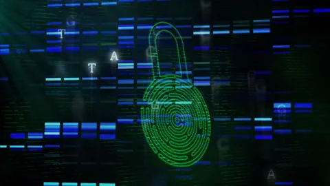 Green padlock emerging from dark grid, forming maze while code bars scrolling to 스톡 동영상 309894336