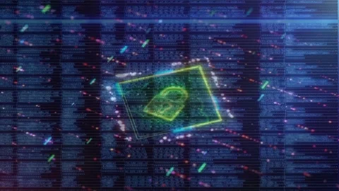 Green Padlock Icon over Scrolling Digital Code Data Stock Footage 336757506