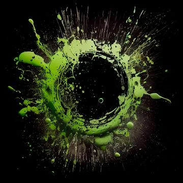 Green paint circle splash isolated on black background. Ilustração Stock