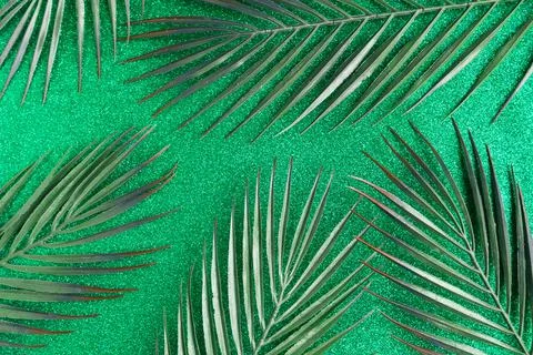 Green palm leafs pattern on green glitter background Stockfoto's