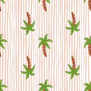 Green palm tree elements seamless pattern in doodle style. Striped white and  스톡 일러스트
