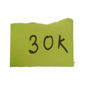 Green paper note with 30k text written on it isolated on white background Stock Photos