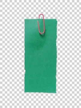 A green paper note attached with a red metal paperclip isolated on a transp.. Фото