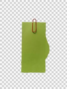 Green paper note tag with a red metal paperclip isolated on a transparent b.. Stock-Fotos