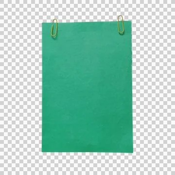 Green paper sheet attached with two golden paper clips isolated on transpar.. Stock-Fotos