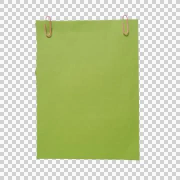 A green paper sheet attached with two red paper clips on a clean transparen.. Фото