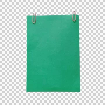 Green paper sheet attached with two red paper clips isolated on a transpare.. Фото