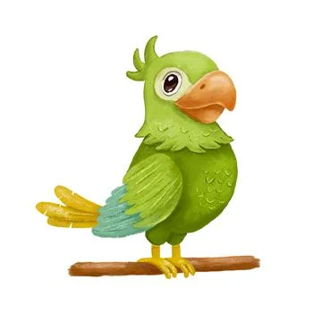 Green parrot bird sitting on tree branch. Hand drawn cartoon character isolated Stock Illustration
