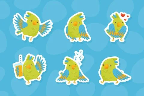Green Parrot Funny Bird Different Activity Vector Sticker Set 库存插图