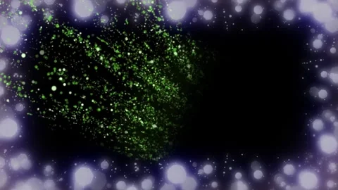 Green particle streams flowing amidst shimmering white bokeh light orbs against Stock Footage 345330329