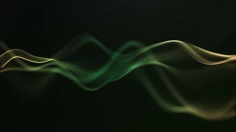Green particle wave with flowing dotted lines and smooth luminous motion on.. Illustrazione stock