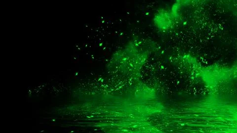 Green particles embers with reflection in water. Design texture for banner,fl Stock Illustration