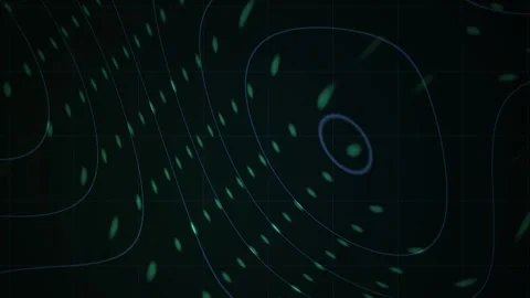 Green Particles Flowing Along Abstract Lines on Dark Grid Background for Tech Stock Footage 343722260